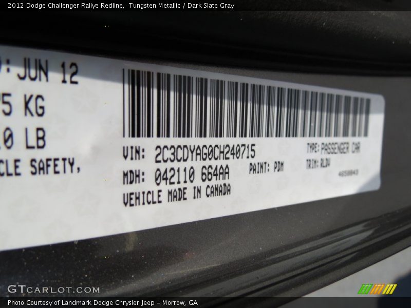 2012 Challenger Rallye Redline Tungsten Metallic Color Code PDM