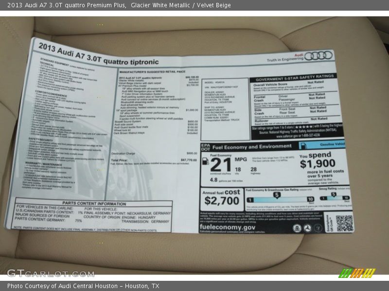 Glacier White Metallic / Velvet Beige 2013 Audi A7 3.0T quattro Premium Plus