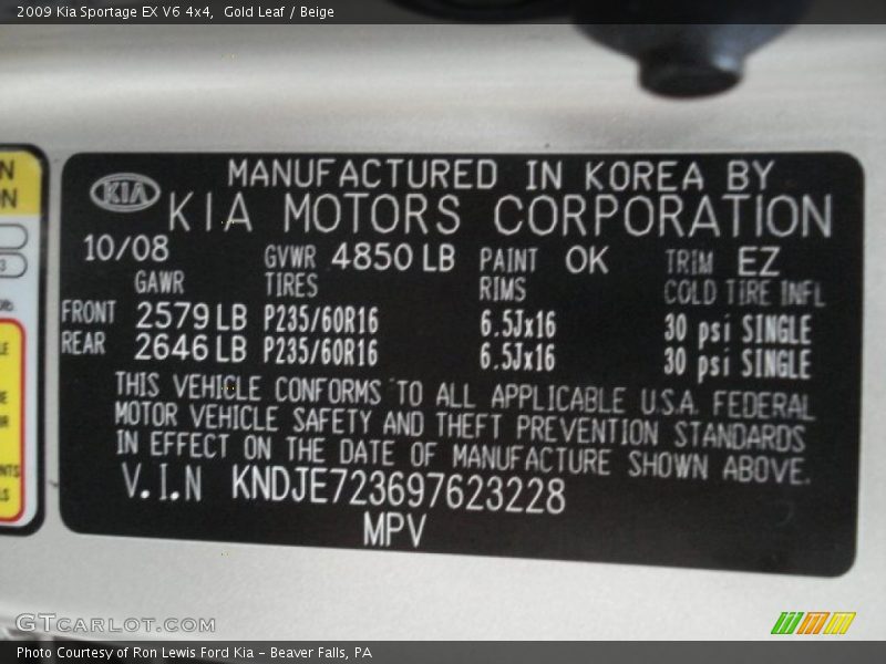 2009 Sportage EX V6 4x4 Gold Leaf Color Code 0K