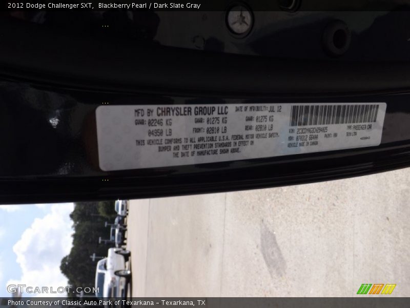 Blackberry Pearl / Dark Slate Gray 2012 Dodge Challenger SXT