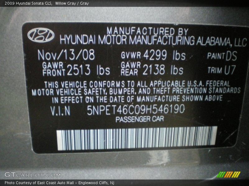 Willow Gray / Gray 2009 Hyundai Sonata GLS