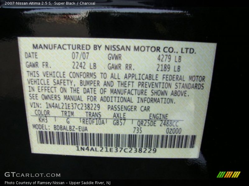 Super Black / Charcoal 2007 Nissan Altima 2.5 S
