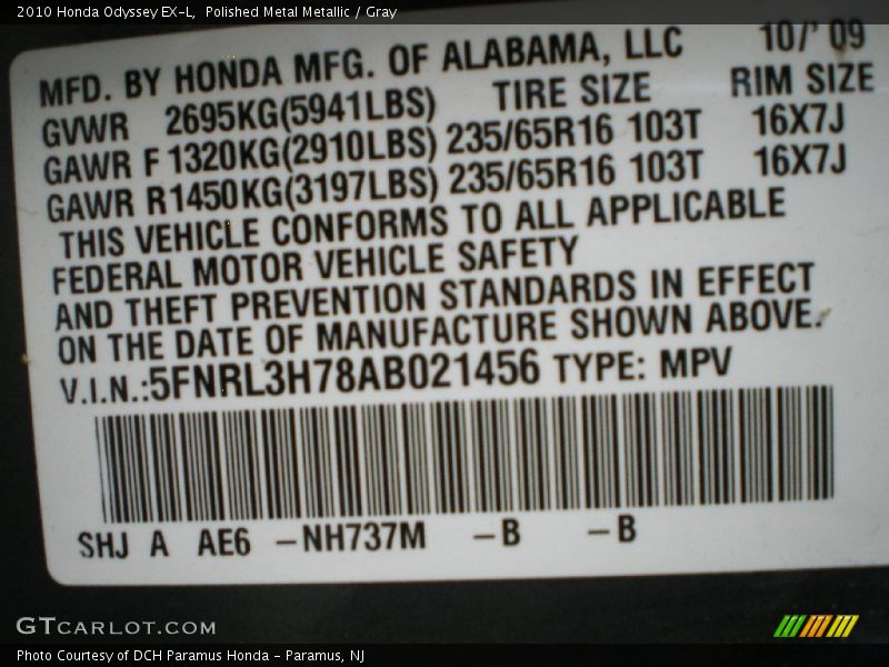Polished Metal Metallic / Gray 2010 Honda Odyssey EX-L