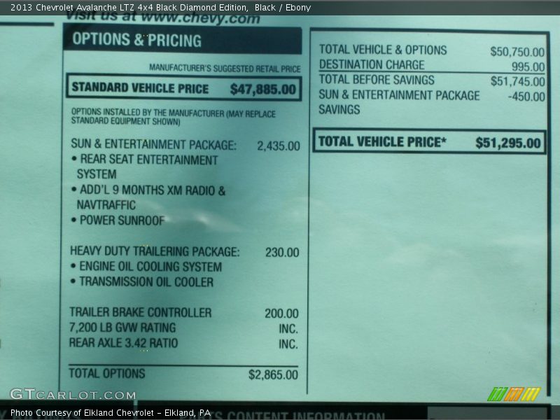  2013 Avalanche LTZ 4x4 Black Diamond Edition Window Sticker