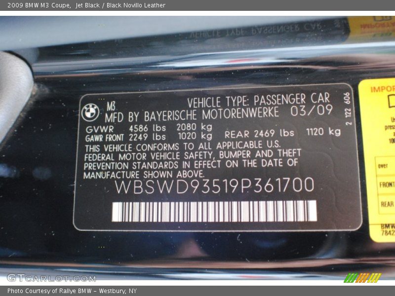 Info Tag of 2009 M3 Coupe