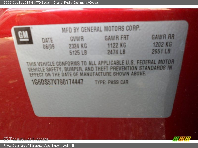 Info Tag of 2009 CTS 4 AWD Sedan