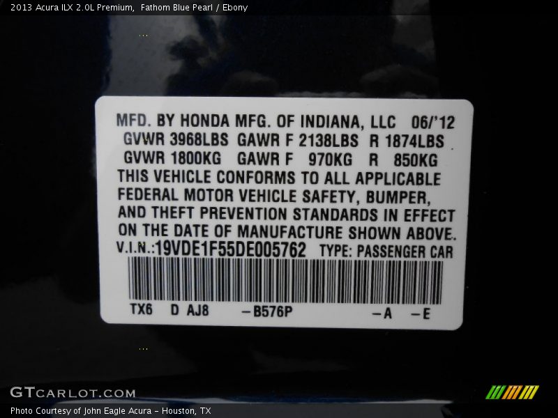 2013 ILX 2.0L Premium Fathom Blue Pearl Color Code B576P
