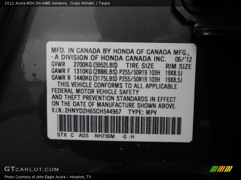 Grigio Metallic / Taupe 2012 Acura MDX SH-AWD Advance