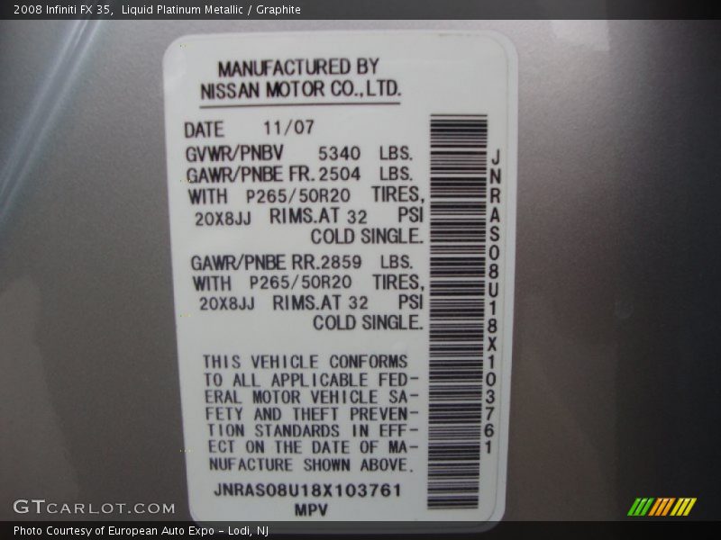 Liquid Platinum Metallic / Graphite 2008 Infiniti FX 35