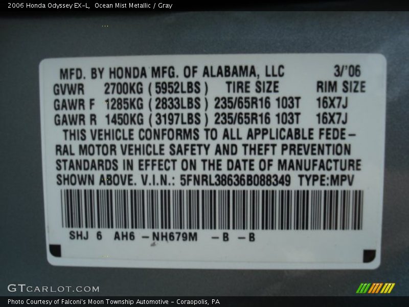 Ocean Mist Metallic / Gray 2006 Honda Odyssey EX-L