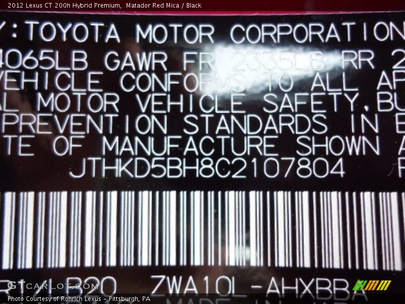 Matador Red Mica / Black 2012 Lexus CT 200h Hybrid Premium