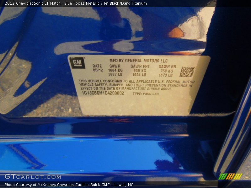 Blue Topaz Metallic / Jet Black/Dark Titanium 2012 Chevrolet Sonic LT Hatch