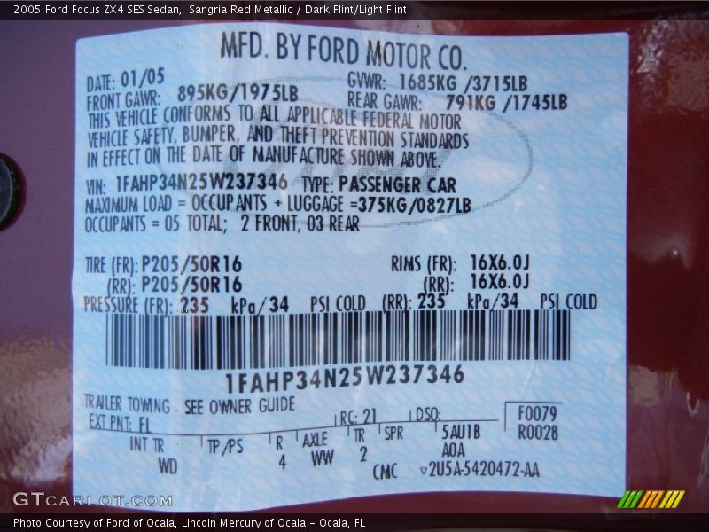2005 Focus ZX4 SES Sedan Sangria Red Metallic Color Code FL