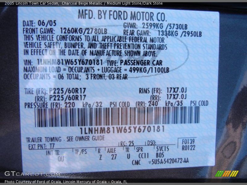 Charcoal Beige Metallic / Medium Light Stone/Dark Stone 2005 Lincoln Town Car Sedan