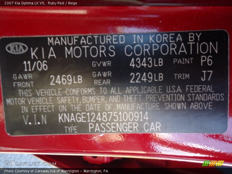 Ruby Red / Beige 2007 Kia Optima LX V6