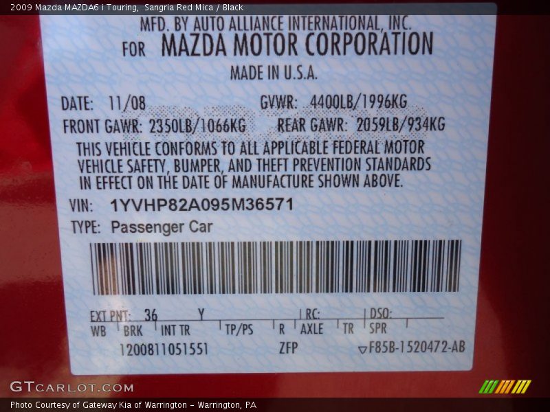 2009 MAZDA6 i Touring Sangria Red Mica Color Code 36Y