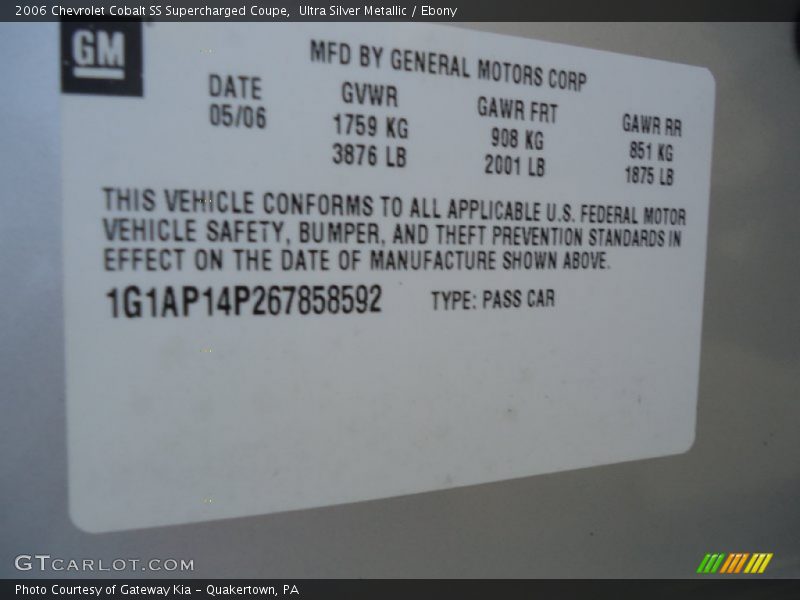 Info Tag of 2006 Cobalt SS Supercharged Coupe