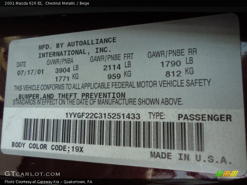 2001 626 ES Chestnut Metallic Color Code 19X