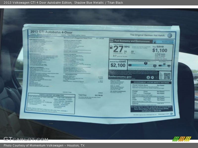  2013 GTI 4 Door Autobahn Edition Window Sticker