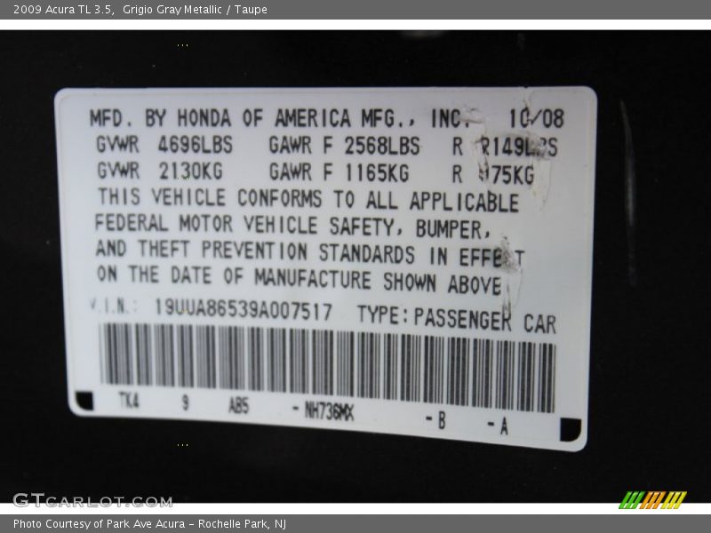 Grigio Gray Metallic / Taupe 2009 Acura TL 3.5