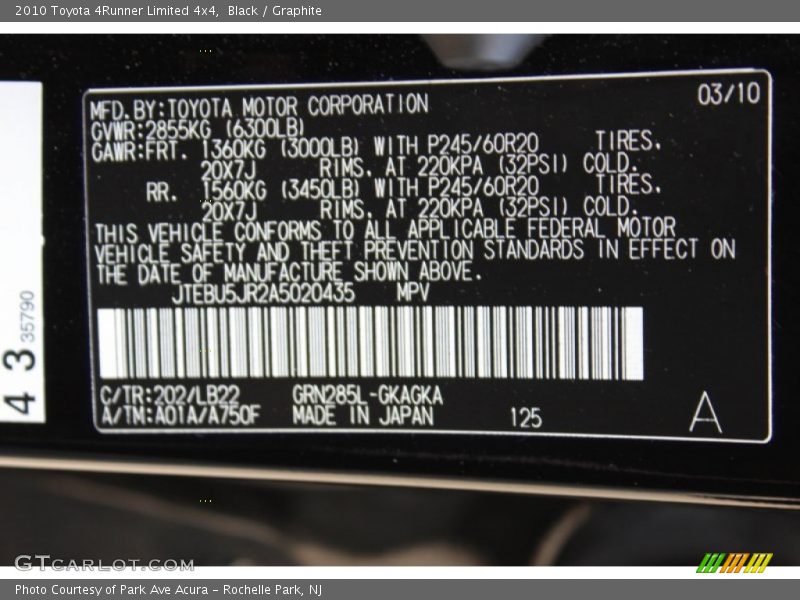 Black / Graphite 2010 Toyota 4Runner Limited 4x4
