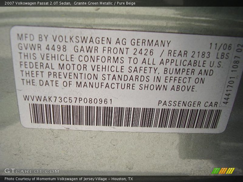 Granite Green Metallic / Pure Beige 2007 Volkswagen Passat 2.0T Sedan