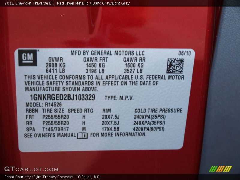 Red Jewel Metallic / Dark Gray/Light Gray 2011 Chevrolet Traverse LT