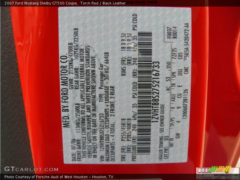 Torch Red / Black Leather 2007 Ford Mustang Shelby GT500 Coupe