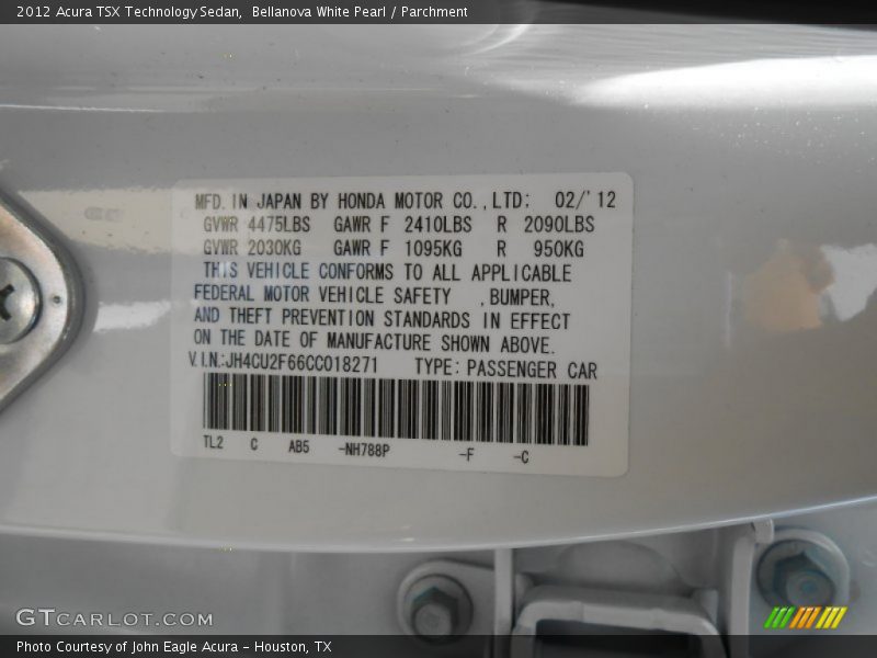 Bellanova White Pearl / Parchment 2012 Acura TSX Technology Sedan