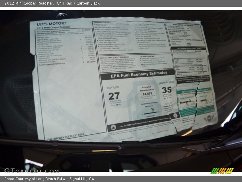  2012 Cooper Roadster Window Sticker