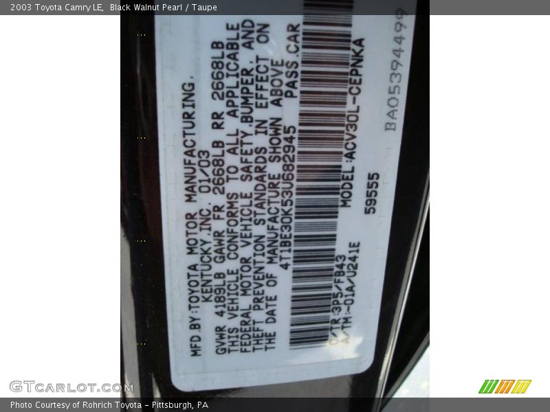 Black Walnut Pearl / Taupe 2003 Toyota Camry LE