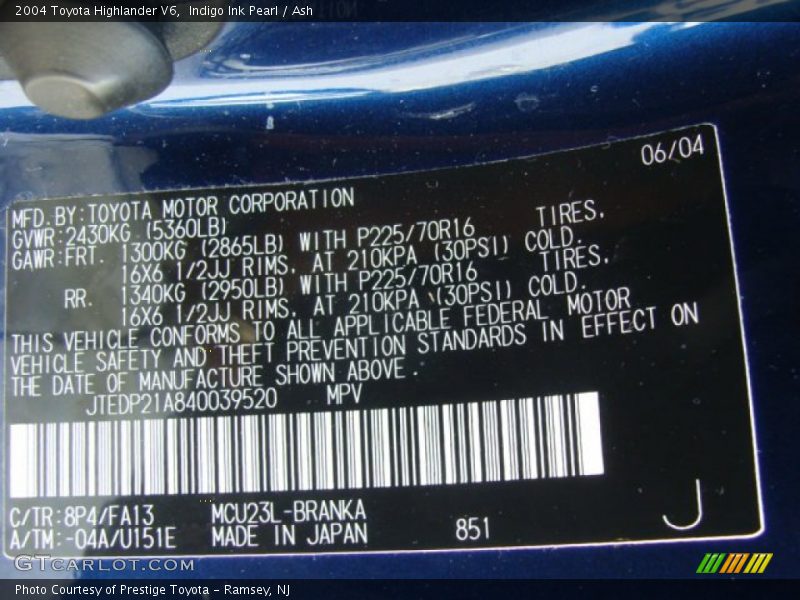2004 Highlander V6 Indigo Ink Pearl Color Code 8P4