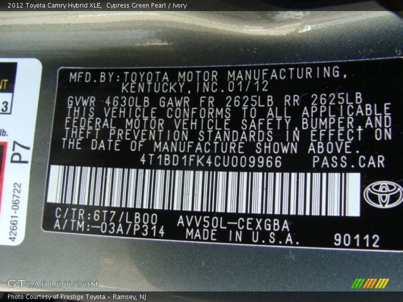 2012 Camry Hybrid XLE Cypress Green Pearl Color Code 6T7