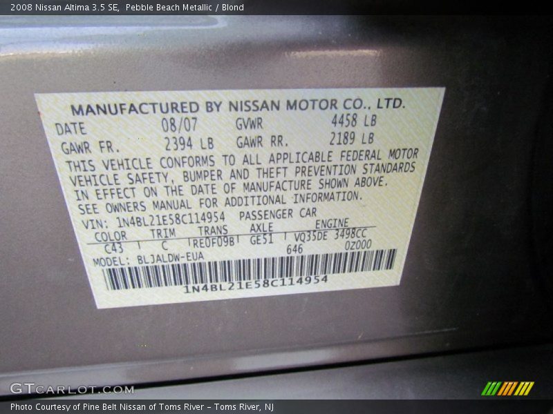 Pebble Beach Metallic / Blond 2008 Nissan Altima 3.5 SE
