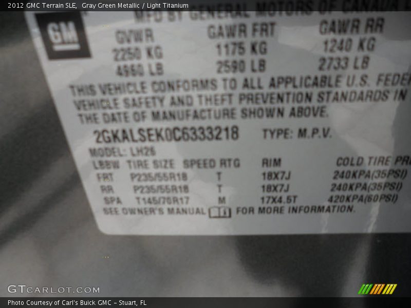 Gray Green Metallic / Light Titanium 2012 GMC Terrain SLE
