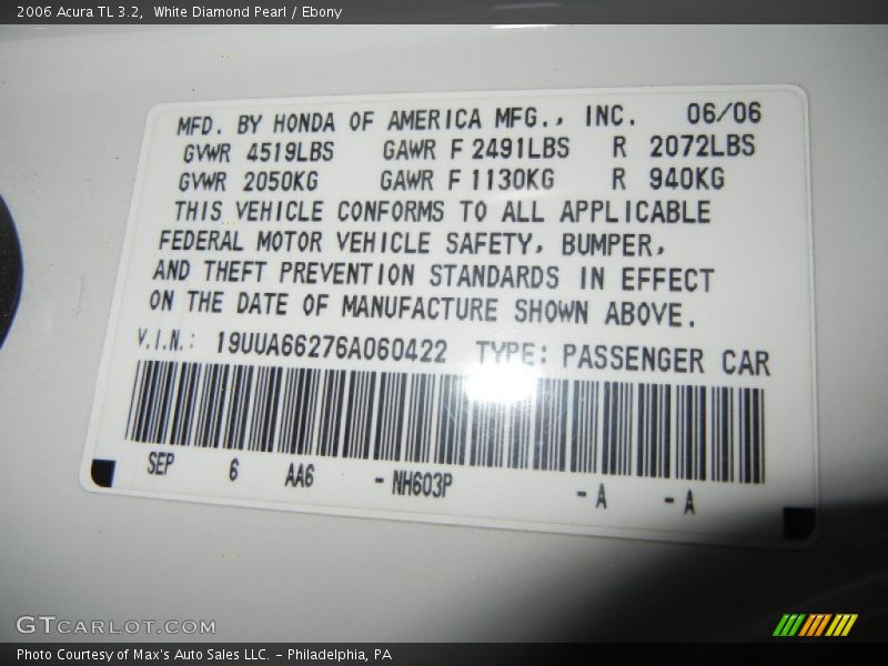 White Diamond Pearl / Ebony 2006 Acura TL 3.2