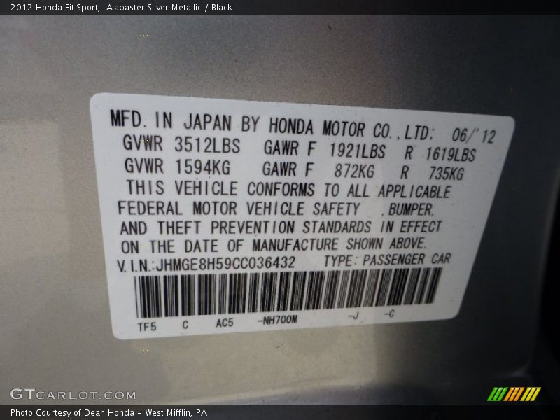 Alabaster Silver Metallic / Black 2012 Honda Fit Sport
