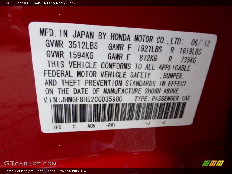 Milano Red / Black 2012 Honda Fit Sport