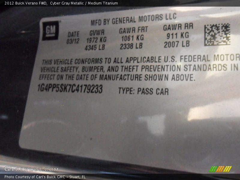 Cyber Gray Metallic / Medium Titanium 2012 Buick Verano FWD