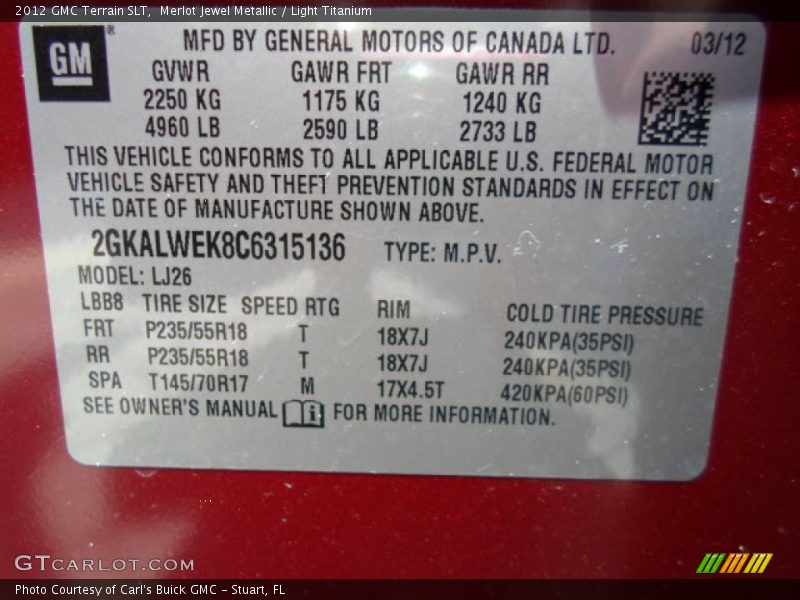 Merlot Jewel Metallic / Light Titanium 2012 GMC Terrain SLT