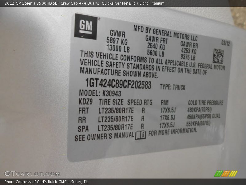 Quicksilver Metallic / Light Titanium 2012 GMC Sierra 3500HD SLT Crew Cab 4x4 Dually