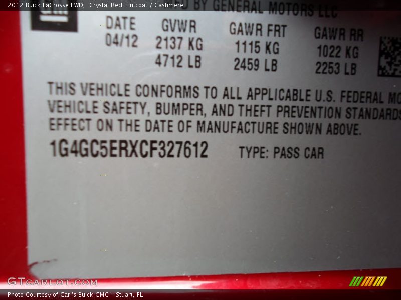 Crystal Red Tintcoat / Cashmere 2012 Buick LaCrosse FWD