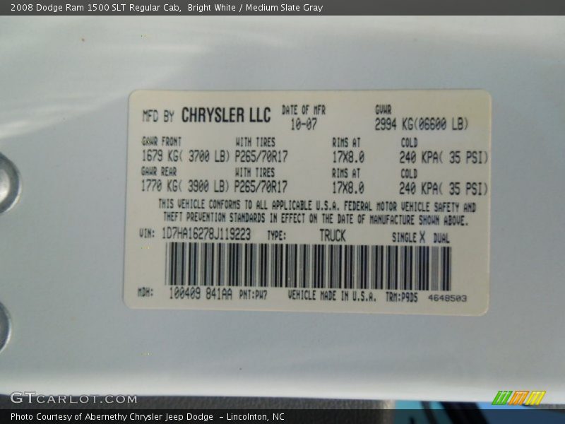 2008 Ram 1500 SLT Regular Cab Bright White Color Code PW7