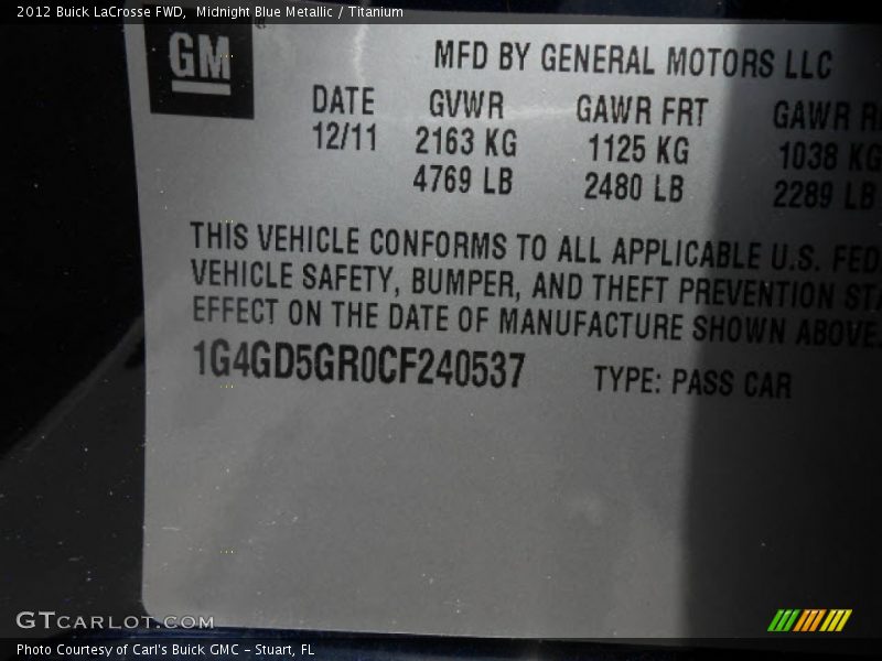 Midnight Blue Metallic / Titanium 2012 Buick LaCrosse FWD