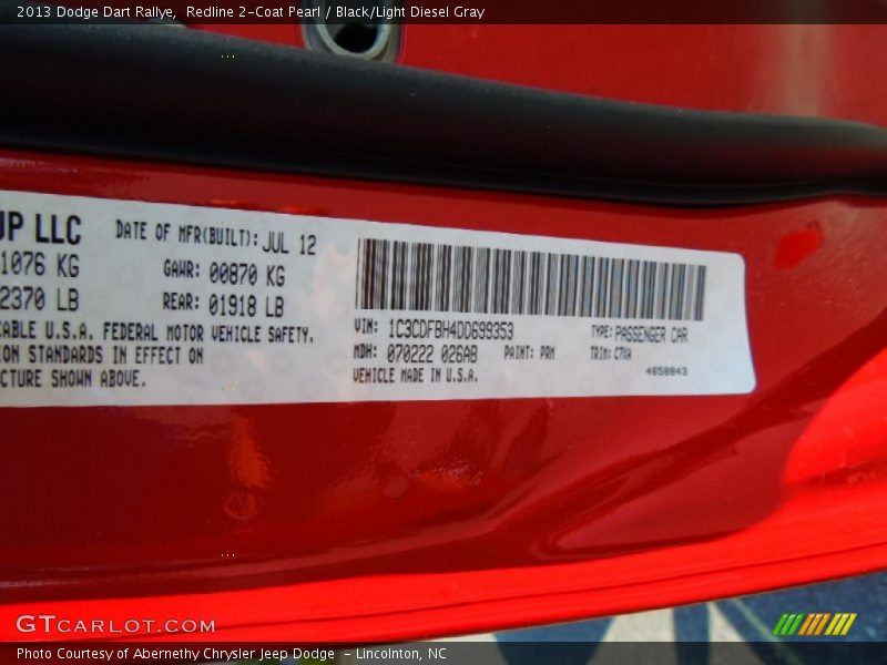Redline 2-Coat Pearl / Black/Light Diesel Gray 2013 Dodge Dart Rallye