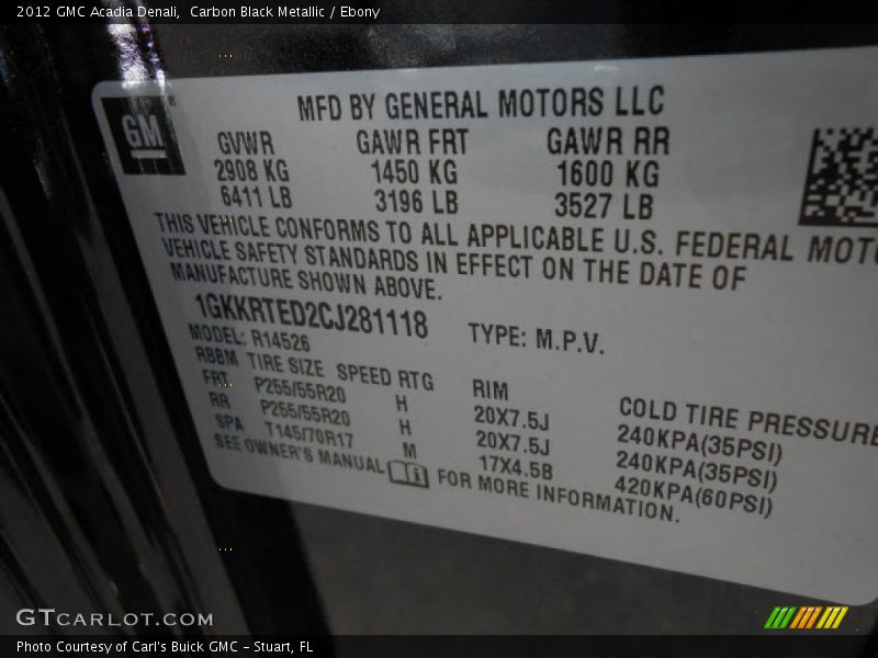 Carbon Black Metallic / Ebony 2012 GMC Acadia Denali