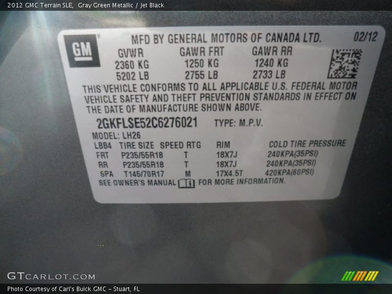 Gray Green Metallic / Jet Black 2012 GMC Terrain SLE