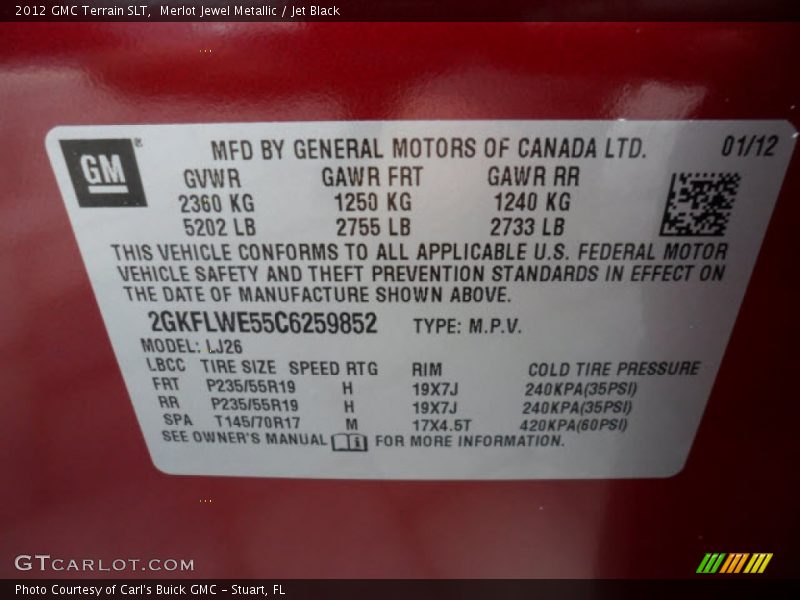 Merlot Jewel Metallic / Jet Black 2012 GMC Terrain SLT