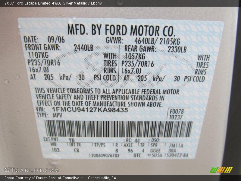 Silver Metallic / Ebony 2007 Ford Escape Limited 4WD