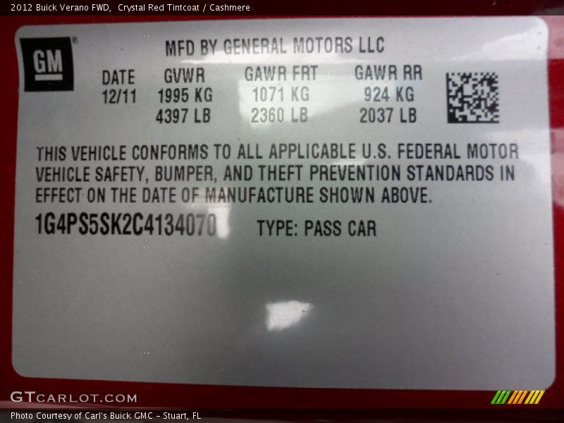 Crystal Red Tintcoat / Cashmere 2012 Buick Verano FWD
